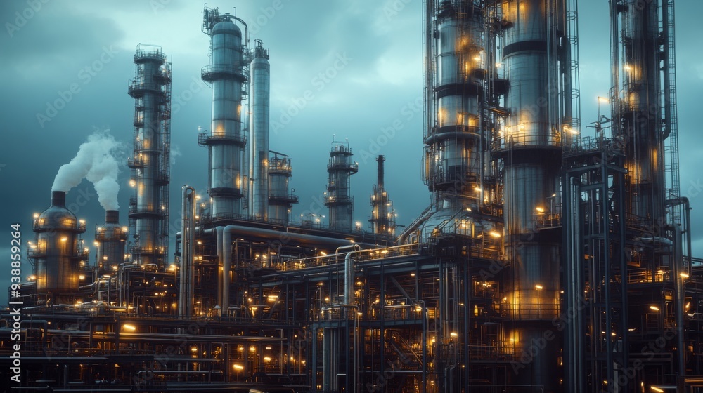 Fototapeta premium An industrial complex with tall towers and pipes, lit up at night.