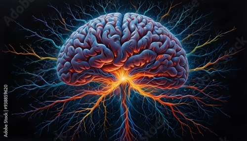 A image of a 3d rendered illustration of a electronic metal human brain with neon growing lightning