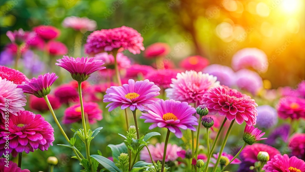 Obraz premium Vibrant pink flowers blooming in a colorful garden, showcasing the beauty of nature in springtime