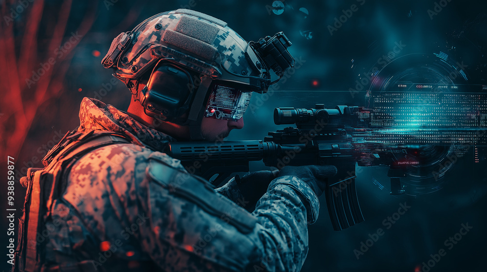 A soldier in advanced combat gear and a helmet with digital overlays aims a high-tech rifle, illustrating the integration of technology and warfare in a futuristic setting. A soldier in advanced combat gear and a helmet with digital overlays aims a high-tech rifle, illustrating the integration of technology and warfare in a futuristic setting.