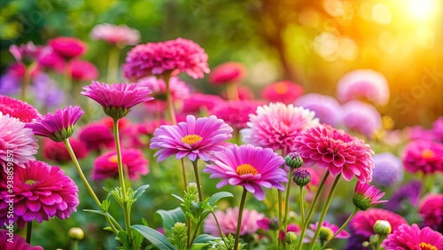 Vibrant pink flowers blooming in a colorful garden, showcasing the beauty of nature in springtime