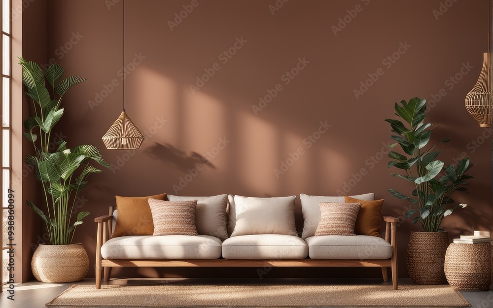 Cozy home interior with wooden furniture on brown background, empty wall mockup in boho decoration, 3d render Cozy home interior with wooden furniture on brown background, empty wall mockup in boho decoration, 3d render