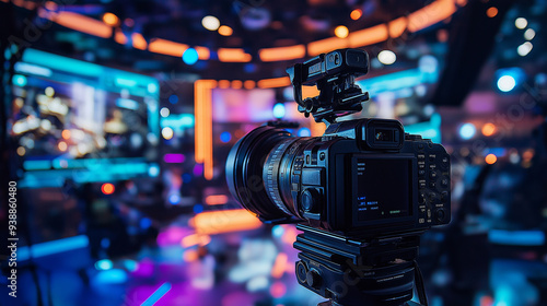 Camera setup in a professional television studio, capturing the vibrant lights and screens, representing the technical and creative aspects of media production. photo