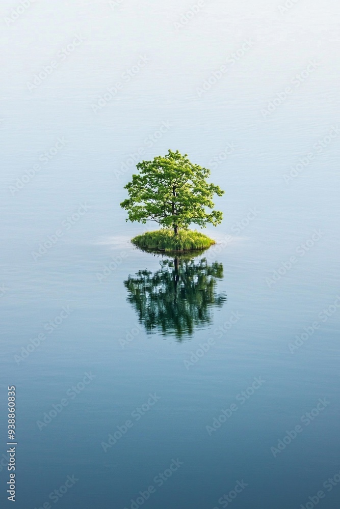 A tiny island in the middle of a vast lake