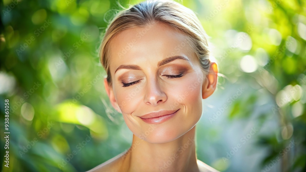 A serene woman with a smooth, wrinkle-free forehead, closed eyes, and a gentle smile, exuding peace and tranquility in a soft, natural light setting. A serene woman with a smooth, wrinkle-free forehead, closed eyes, and a gentle smile, exuding peace and tranquility in a soft, natural light setting.