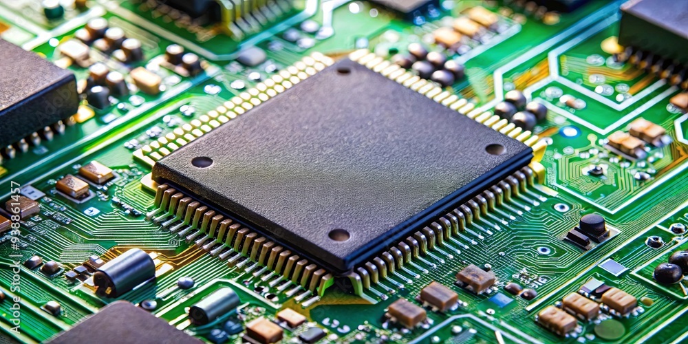 Close up of an electronic circuit board with SMD components, microcircuits, and chips showcasing advanced technology in electronics Close up of an electronic circuit board with SMD components, microcircuits, and chips showcasing advanced technology in electronics