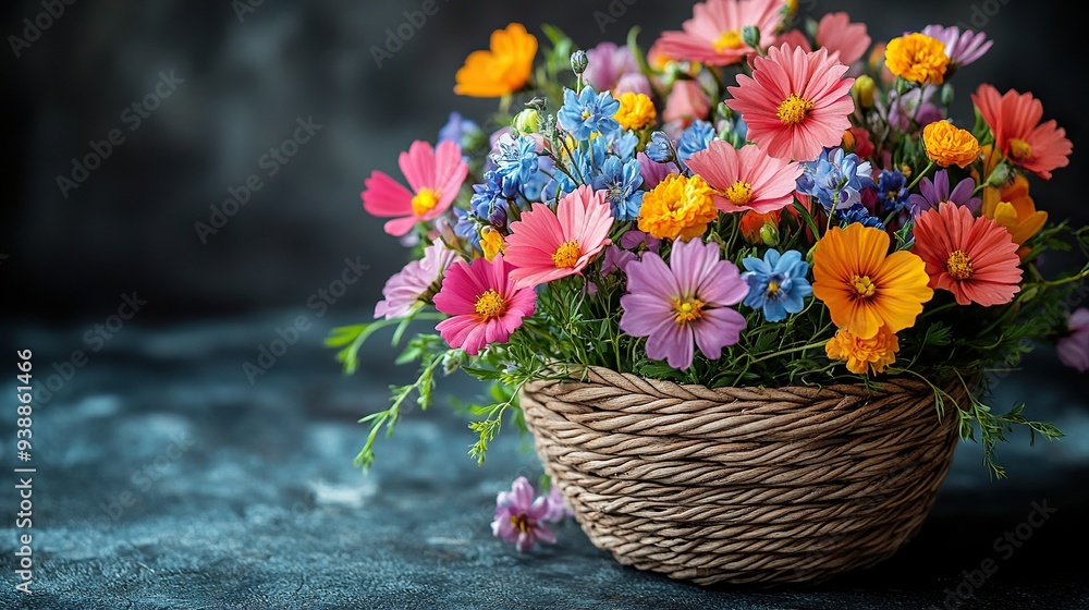 basket of flowers on stone table happy mothers day birthday international womens day concept basket of flowers on stone table happy mothers day birthday international womens day concept