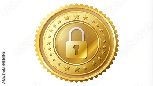 A shiny gold seal with a lock icon at its center, surrounded by a circular border, symbolizing trusted security and verified authenticity online. photo