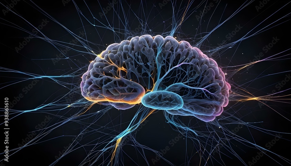 A image of a 3d rendered illustration of a electronic metal human brain with neon growing lightning A image of a 3d rendered illustration of a electronic metal human brain with neon growing lightning