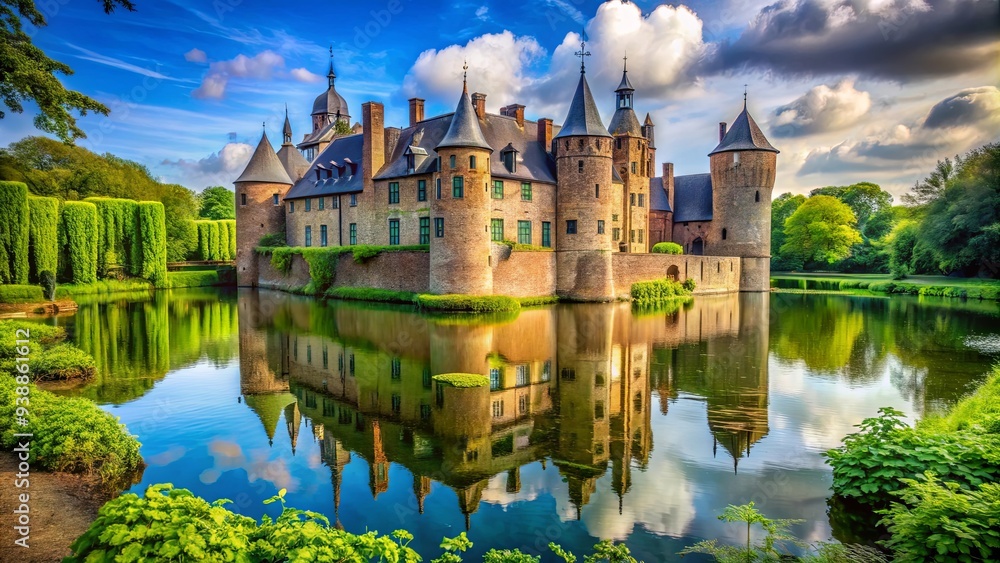 Obraz premium Majestic medieval castle with lush greenery and a moat, featuring royal architecture in a historic kingdom