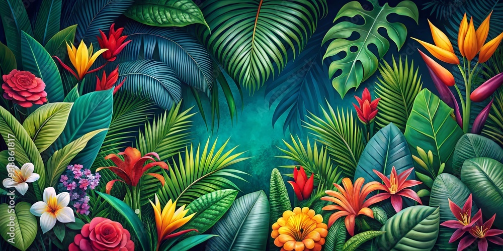 Fototapeta premium Vibrant modern tropical jungle pattern with exotic flowers and lush foliage
