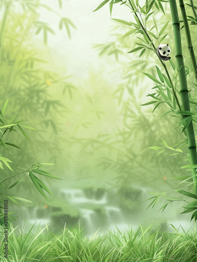 Obraz premium Chinese Giant Panda in Serene Green Setting, Bamboo Bonjing Suspended Base on Lush Lawn, Theme with Waterfalls and Bamboo Structures, Realistic Photography of Pandas and Nature, 