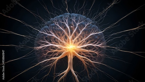 A image of a 3d rendered illustration of a electronic metal human brain with neon growing lightning