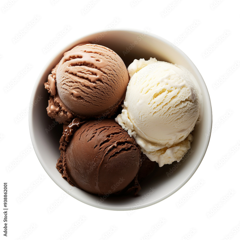 Top view of ice cream scoop Chocolate, vanilla, Coconut on the white bowl. Isolated with Transparent background. Thai food for menu, restaurants, banners. Mocha mousse color ice cream. Top view of ice cream scoop Chocolate, vanilla, Coconut on the white bowl. Isolated with Transparent background. Thai food for menu, restaurants, banners. Mocha mousse color ice cream.