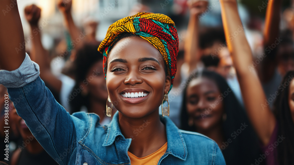 A vibrant and determined African woman stands in a crowd during a protest, smiling confidently with her arm raised, representing strength, unity, and the fight for justice within her community. A vibrant and determined African woman stands in a crowd during a protest, smiling confidently with her arm raised, representing strength, unity, and the fight for justice within her community.