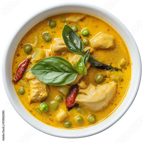 Isolated yellow curry in a white bowl with Transparent background. Thai food for menu, restaurants.   photo