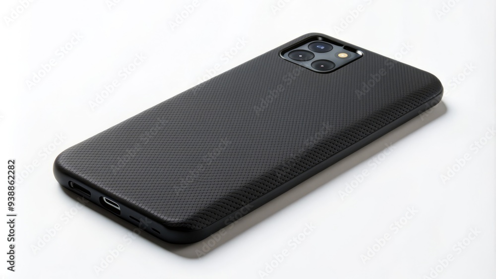 A sleek, black, protective phone case with a matte finish and textured grip, lying on a minimalist white background, showcasing modern technology and accessories. A sleek, black, protective phone case with a matte finish and textured grip, lying on a minimalist white background, showcasing modern technology and accessories.