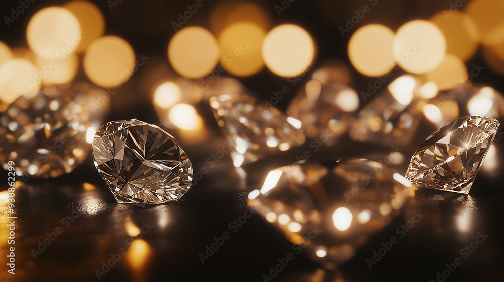 Sparkling diamonds scattered on a dark surface, with warm, blurred lights in the background, symbolizing luxury and elegance. Sparkling diamonds scattered on a dark surface, with warm, blurred lights in the background, symbolizing luxury and elegance.