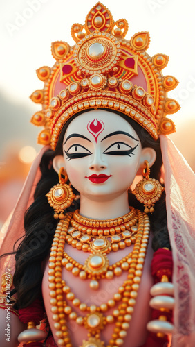 Closeup of a Hindu goddess with ornate jewelry