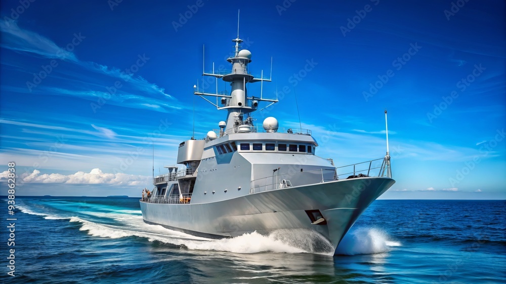 Naklejka premium A sleek, modern patrol ship navigates through open waters, its deck equipped with radar and communication systems, under a clear blue sky.
