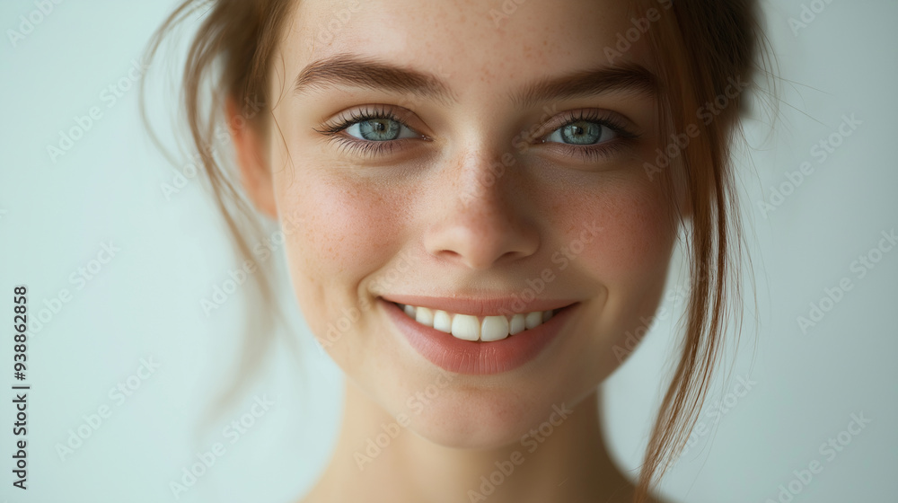 Naklejka premium Close-up of a young woman with a radiant smile, natural makeup, and clear skin, capturing the essence of beauty and confidence.