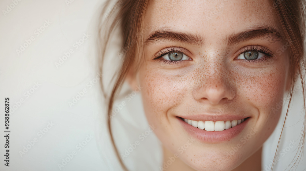 Close-up of a young woman with a radiant smile, natural makeup, and clear skin, capturing the essence of beauty and confidence. Close-up of a young woman with a radiant smile, natural makeup, and clear skin, capturing the essence of beauty and confidence.