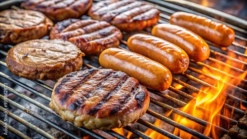 Grilling delicious burgers and sausages on a charcoal BBQ grill outdoors photo