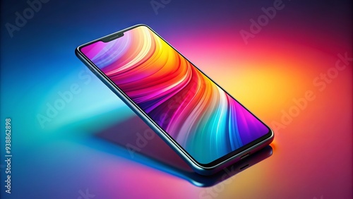 A sleek, modern smartphone display shows a vibrant, abstract background, with subtle shadows and reflections, highlighting the device's sleek design and high-resolution screen. photo