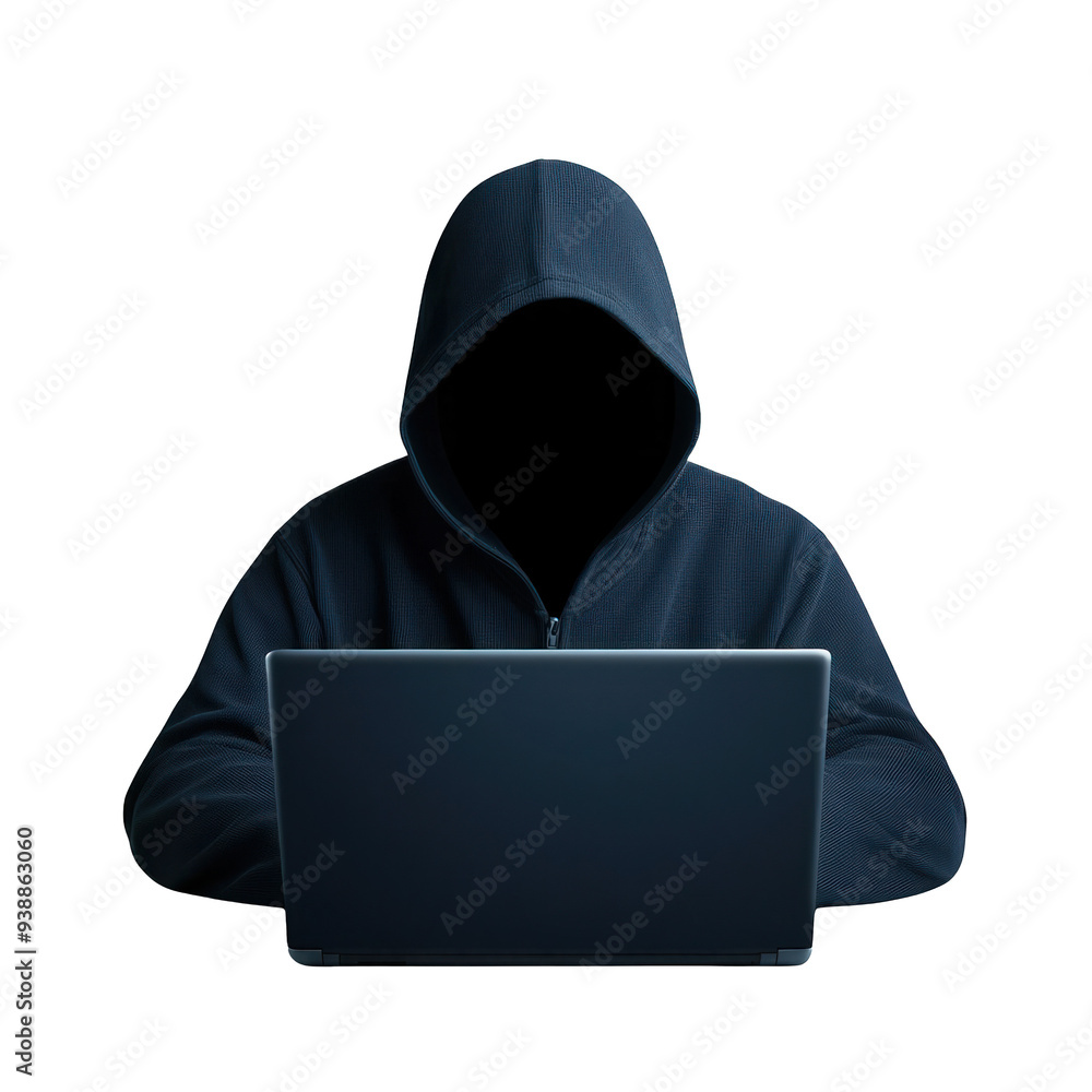 Hooded figure working on a laptop in the dark, representing cybersecurity, hacking, and anonymous online activities. transparent background Hooded figure working on a laptop in the dark, representing cybersecurity, hacking, and anonymous online activities. transparent background