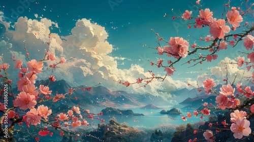 A fantastical landscape portrays pink cherry blossoms in full bloom against mountainous backdrops and a vivid, expansive blue sky. photo