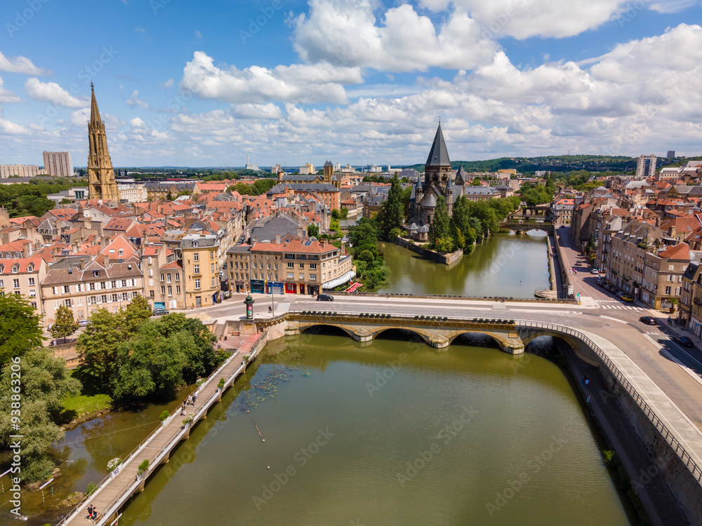 Fototapeta premium View from above to the city of Metz which is a town in France with a historical city center 