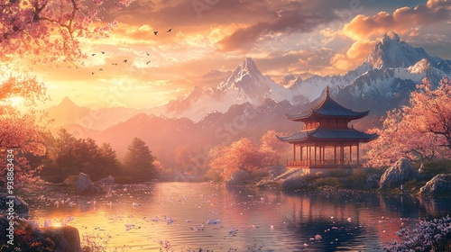 A serene Chinese garden with a traditional pavilion, cherry blossoms, and koi ponds, surrounded by towering mountains and a golden sunset