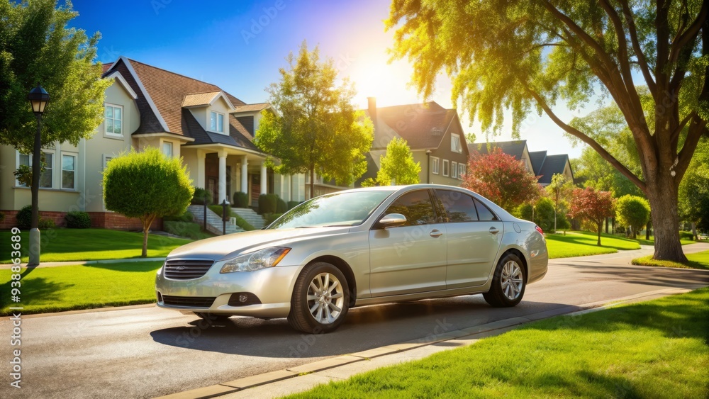 A sleek silver sedan parked on a quiet suburban street lined with green trees and well-manicured lawns on a sunny afternoon. A sleek silver sedan parked on a quiet suburban street lined with green trees and well-manicured lawns on a sunny afternoon.