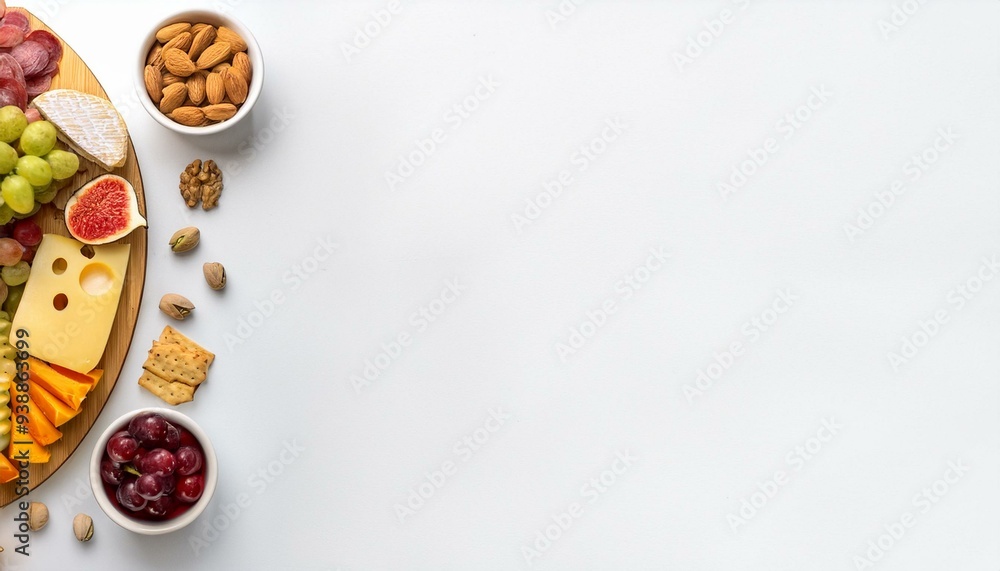 Top view of a gourmet fancy charcuterie board isolated on panoramic white background, assortment of yummy food with cheese bites, nuts and fruits, antipasti and tapas snack party web banner Top view of a gourmet fancy charcuterie board isolated on panoramic white background, assortment of yummy food with cheese bites, nuts and fruits, antipasti and tapas snack party web banner