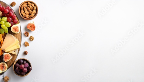 Top view of a gourmet fancy charcuterie board isolated on panoramic white background, assortment of yummy food with cheese bites, nuts and fruits, antipasti and tapas snack party web banner