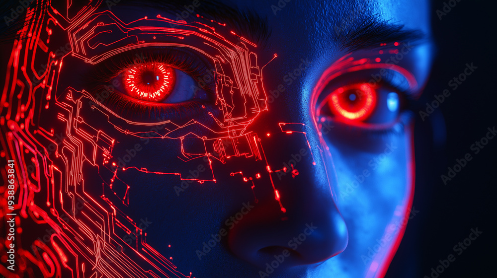 A futuristic face with glowing red eyes and digital circuitry patterns, representing the merging of human and artificial intelligence. A futuristic face with glowing red eyes and digital circuitry patterns, representing the merging of human and artificial intelligence.