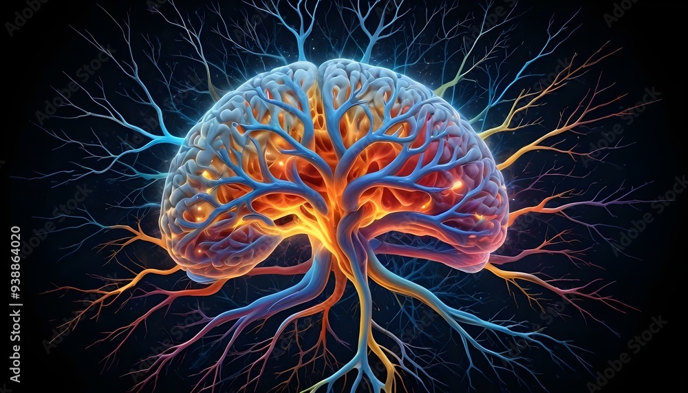 A image of a 3d rendered illustration of a electronic metal human brain with neon growing lightning A image of a 3d rendered illustration of a electronic metal human brain with neon growing lightning
