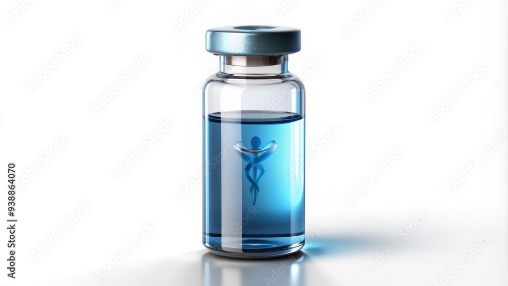 A small, clear glass vial with a medicine icon on the label, filled with a blue liquid, isolated on a white background with shadows. A small, clear glass vial with a medicine icon on the label, filled with a blue liquid, isolated on a white background with shadows.
