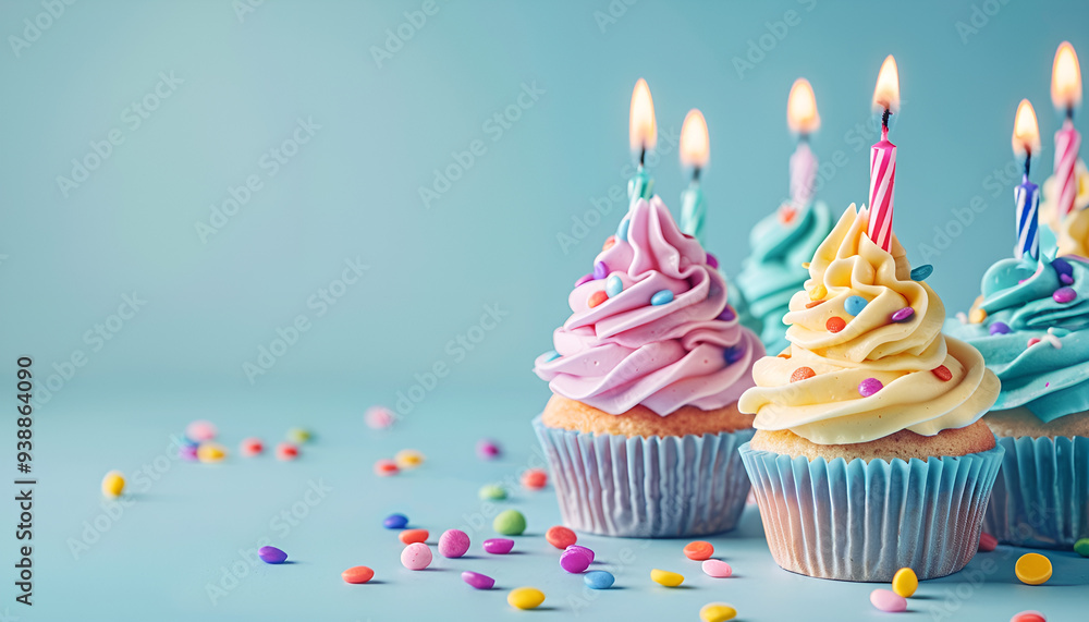 Happy Birthday. Colorful cupcakes with candles on light blue background Happy Birthday. Colorful cupcakes with candles on light blue background