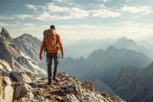 Person hiking rocky mountain peak is wearing orange Climber back