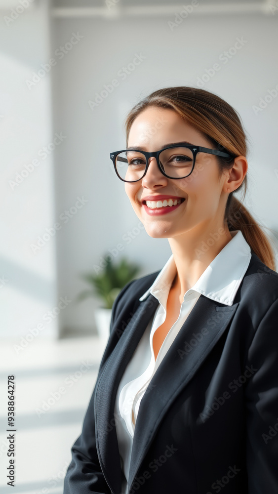 Portrait of a Smiling Businesswoman in a Black Suit and Glasses Portrait of a Smiling Businesswoman in a Black Suit and Glasses