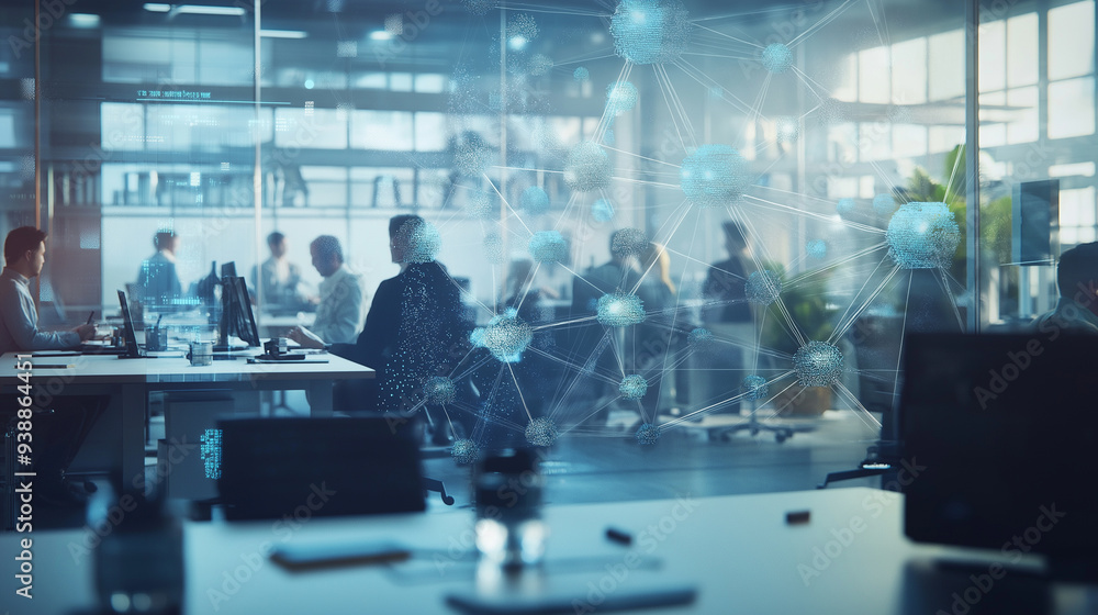 Modern office environment with interconnected digital icons representing a network of people, symbolizing communication and collaboration in a tech-driven workspace. Modern office environment with interconnected digital icons representing a network of people, symbolizing communication and collaboration in a tech-driven workspace.