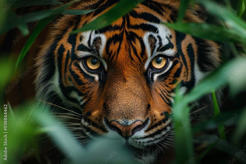 The eyes of a tiger staring intensely from a distance, with the dense jungle blurred behind it. The eyes of a tiger staring intensely from a distance, with the dense jungle blurred behind it.