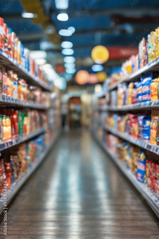 Long narrow aisle supermarket is lined shelves both Completely b Long narrow aisle supermarket is lined shelves both Completely b