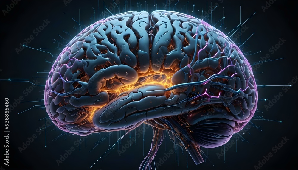 A image of a 3d rendered illustration of a electronic metal human brain with neon growing lightning A image of a 3d rendered illustration of a electronic metal human brain with neon growing lightning
