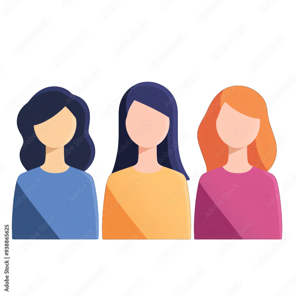 Illustration of three faceless women with different hairstyles and clothing colors, representing diversity and unity. transparent background Illustration of three faceless women with different hairstyles and clothing colors, representing diversity and unity. transparent background