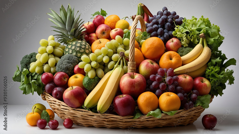 A vibrant selection of fresh fruits and vegetables arranged on a wooden surface with a natural background. A vibrant selection of fresh fruits and vegetables arranged on a wooden surface with a natural background.