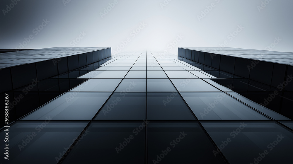 A monochrome upward view of modern skyscrapers with reflective glass facades. A monochrome upward view of modern skyscrapers with reflective glass facades.