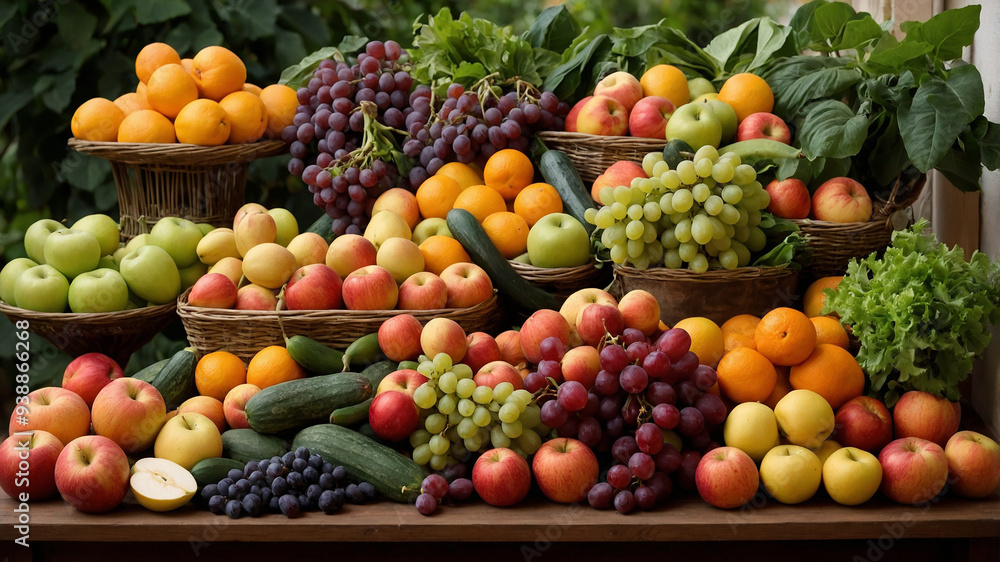 A vibrant selection of fresh fruits and vegetables arranged on a wooden surface with a natural background. A vibrant selection of fresh fruits and vegetables arranged on a wooden surface with a natural background.