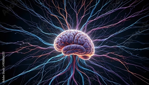 A image of a 3d rendered illustration of a electronic metal human brain with neon growing lightning